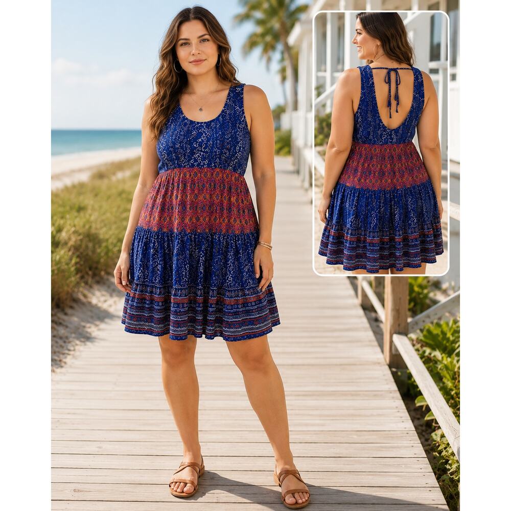 Maurices Boho Open Back Sundress Blue Coral Aztec Indie Beach Festival Large